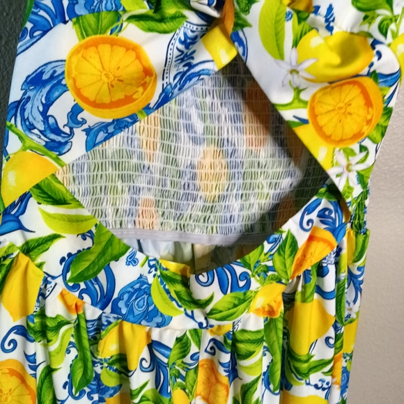 SHEIN Boho Lemon Print Smocked Midi Dress Size S - Picture 3 of 11